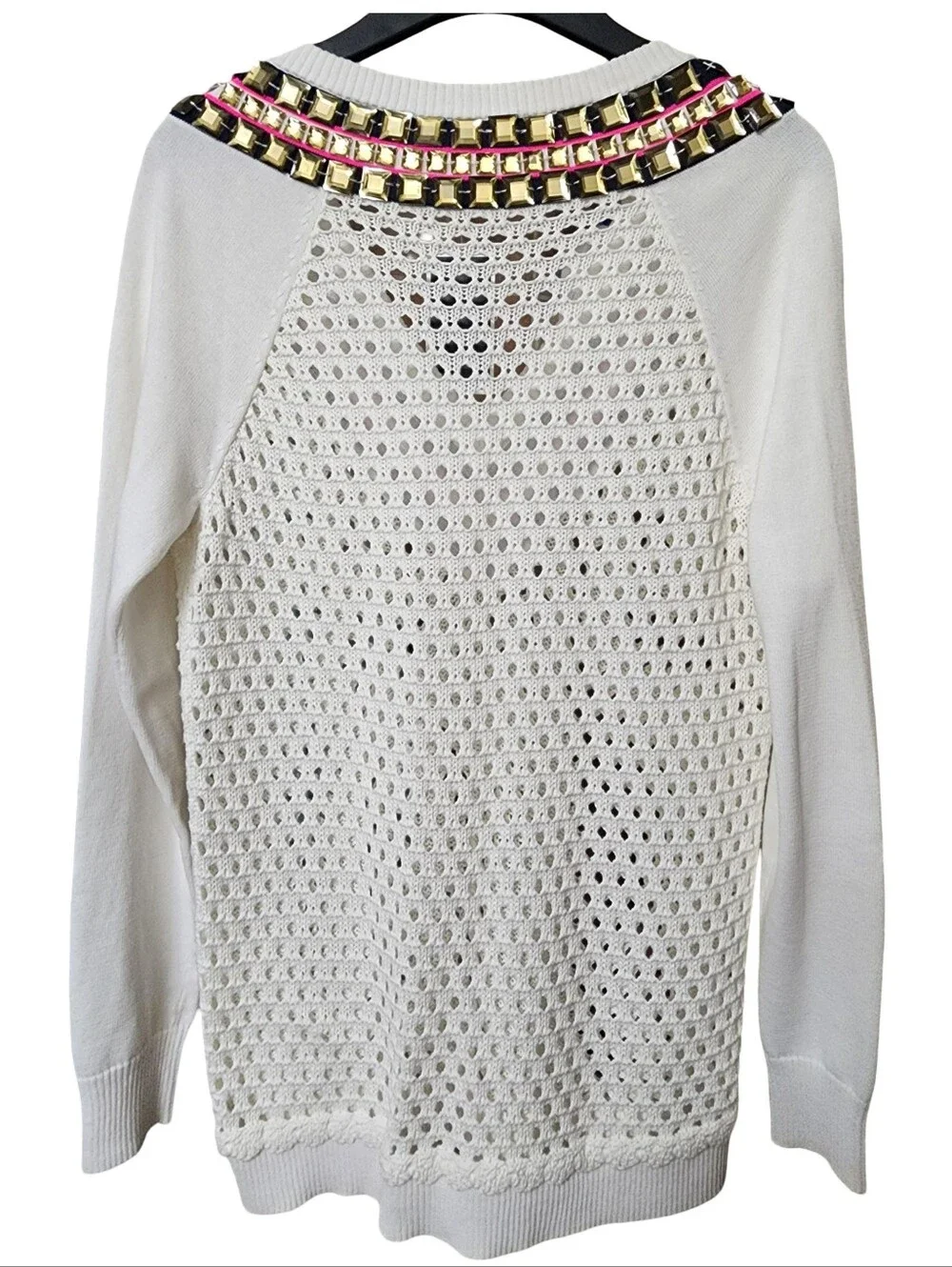 JUICY COUTURE Sweater White Open Knit V-Neck Embellished Cricket NWT Small